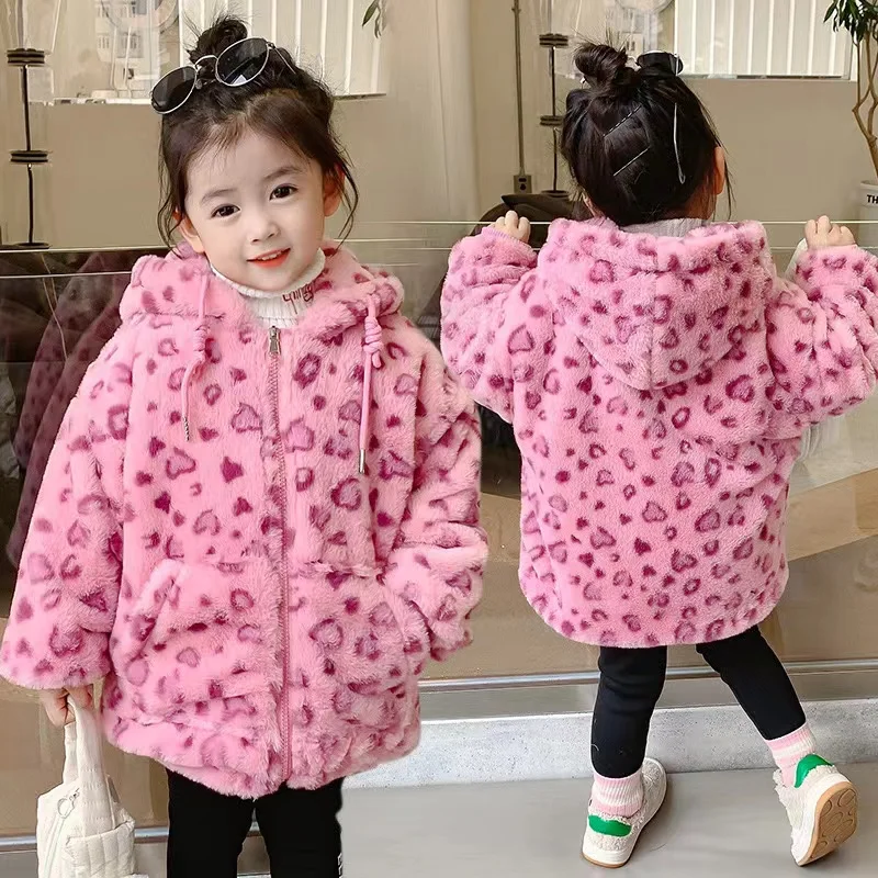 

2025 New Girls' Pink Leopard Fur Coat With Cotton Thickened Baby Winter Children's Korean Version Of Cotton Hooded Fur Coat