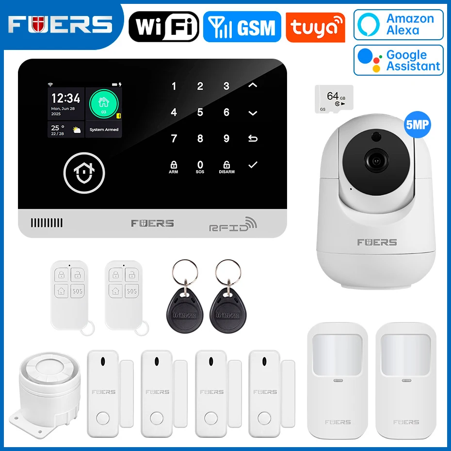 FUERS Alarmsysteem voor thuis WIFI GSM Beveiligingsalarm Host Ant-diefstal met deurbewegingssensor Tuya Smart App-bediening werk Alexa