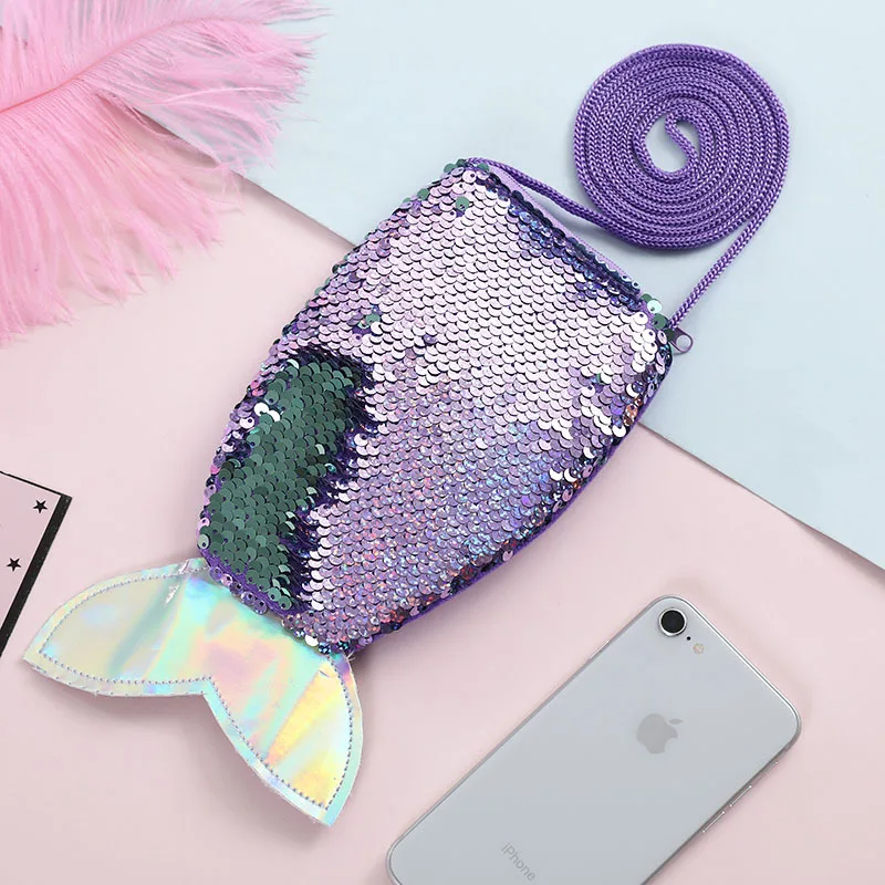 Mermaid Sequin Hanging Rope Girls Wallet Coin Purses Children\'s Crossbody Bags Fish Tail Double Color Blingbling Change Bag