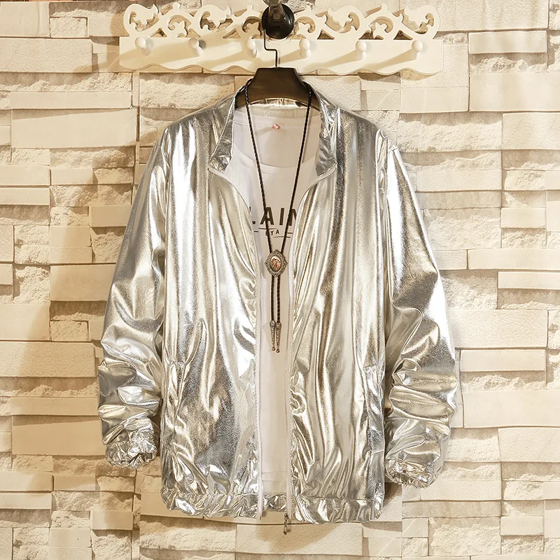

Men's Jackets Nightclub Stage Party Jackets Solid Color Casual Loose Reflective Coat Silvery Zipper Stand Collar Fashion Men Top