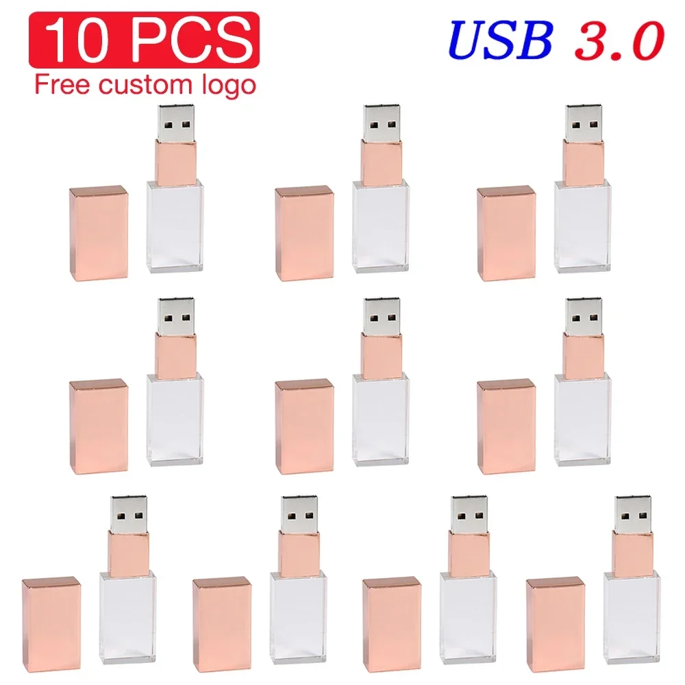 JASTER 10 PCS LOT Crystal USB 3.0 Flash Drives Wedding Gift Pen Drive Free Custom Logo Rose gold Memory Stick 128GB 32GB 64GB