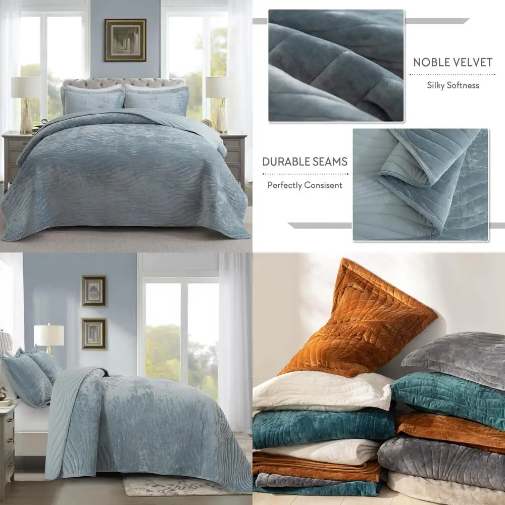 

King Size Luxury Velvet Quilt Set, Ultra Soft Bedding Collection, Lightweight Oversized Quilted Coverlet