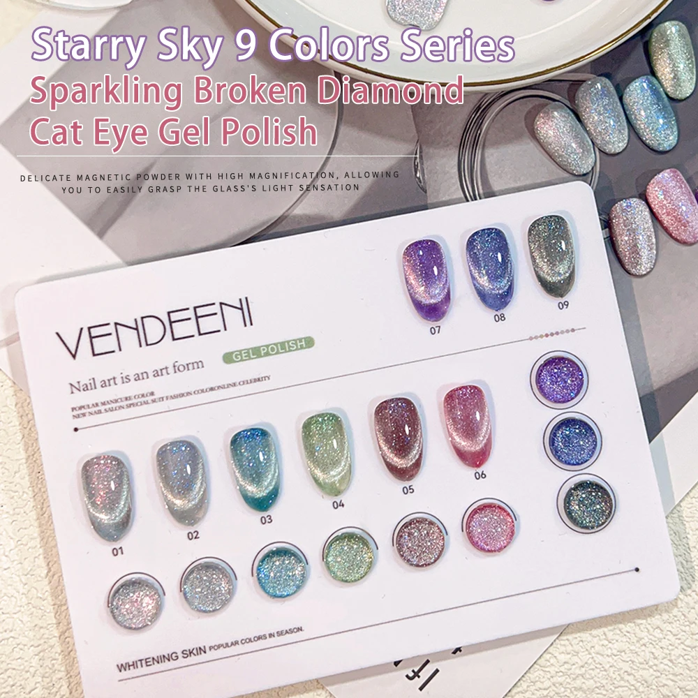 

Vendeeni 9 Colors/Set Glitter Broken Diamond Cat Eye Gel Nail Polish Sparkling Nail Art Gel Lacquer Magnetic UV LED Gel Varnish