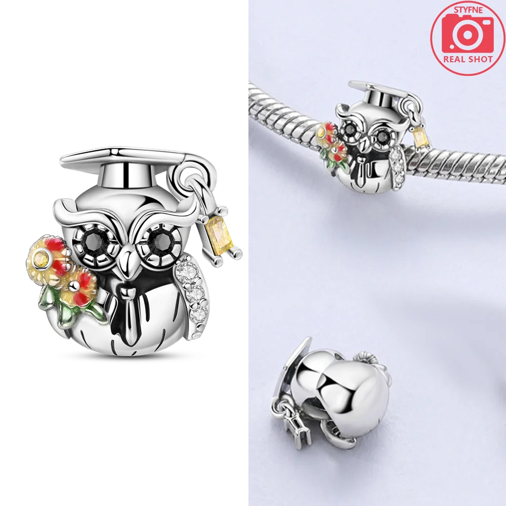 

Шапка бакалавра, бусины с совой, стерлинговое серебро 925 пробы, оригинальные бусины, подходят для оригинальных подвесок 925, браслета, бусины, ювелирные изделия, подарки своими руками для женщин