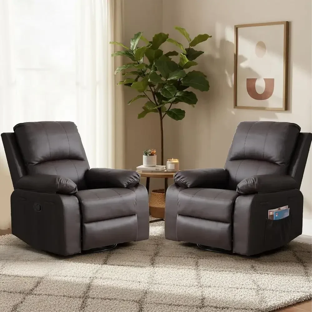 2-Piece Leather Recliner Set: Swivel Rocking Chairs with Overstuffed Cushions, Glider Rocking Sofa with Side Pockets, Brown