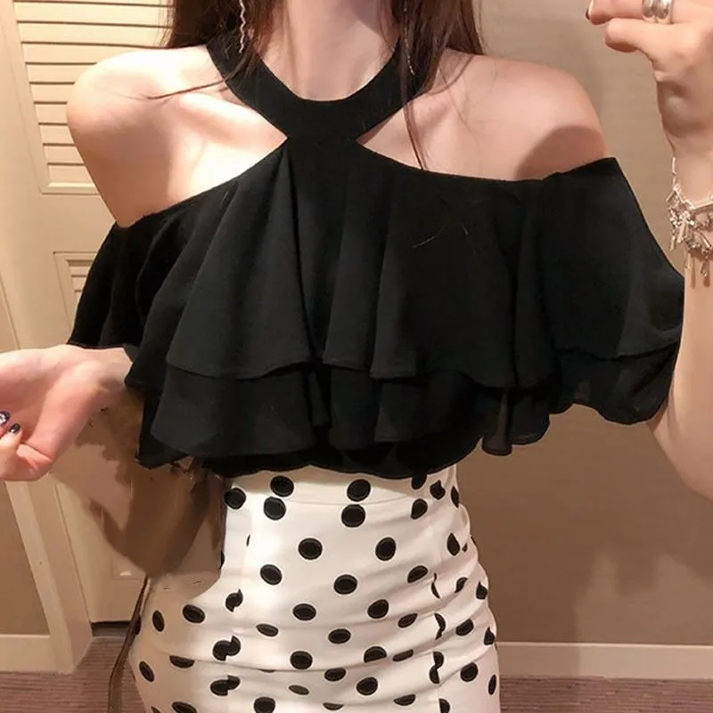 Off Shoulder Halter Sexy Chiffon Blouse New 2022 Korean Ruffles Summer Woman Shirt Short Sleeve Solid Loose White Black Tops