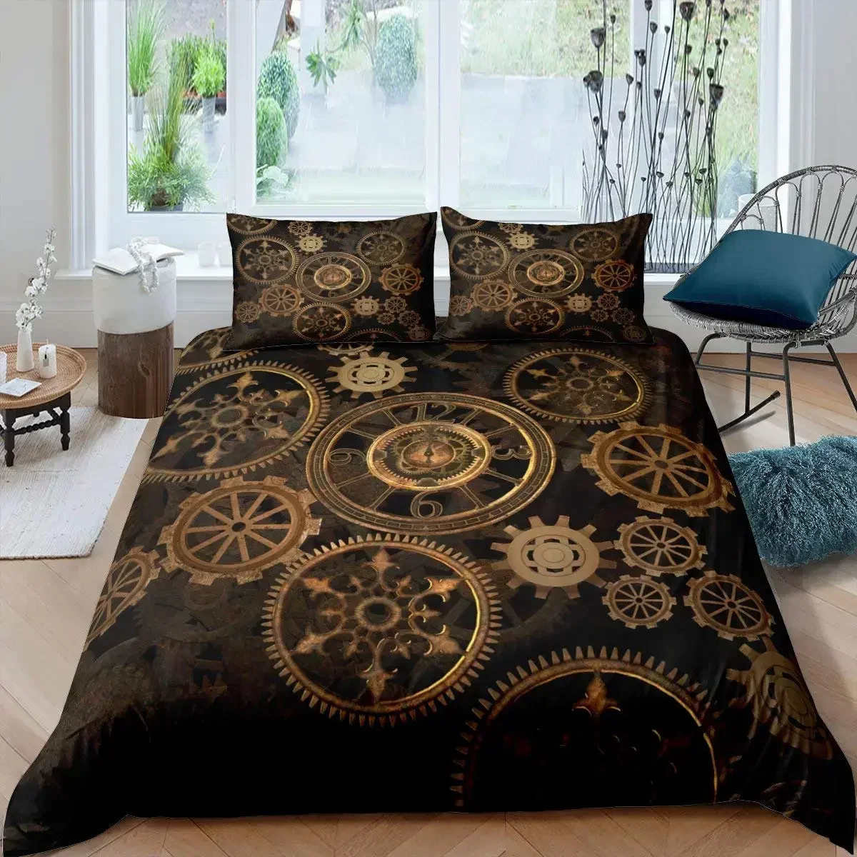 2026 Ndustrial Gear Duvet Cover Set Queen Size Steampunk Style Locks Comforter Cover Boys Men Mechanical Device Polyester Beddin
