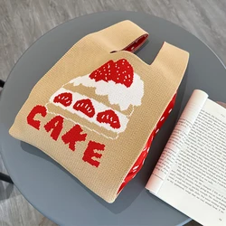 Women Niche Design Cute Strawberry Cake Knitted Handbag Korean Style Trendy Versatile Wrist Bag Tote Bag  Reusable Shopping Bags