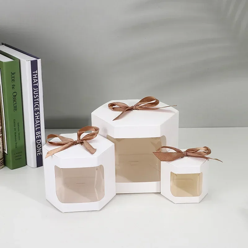10pcs Hexagon Cake Box Packaging Paper Bags Candy Boxes Birthday Gift Box with Clear PVC Window Presents Flowers Sweets Packge