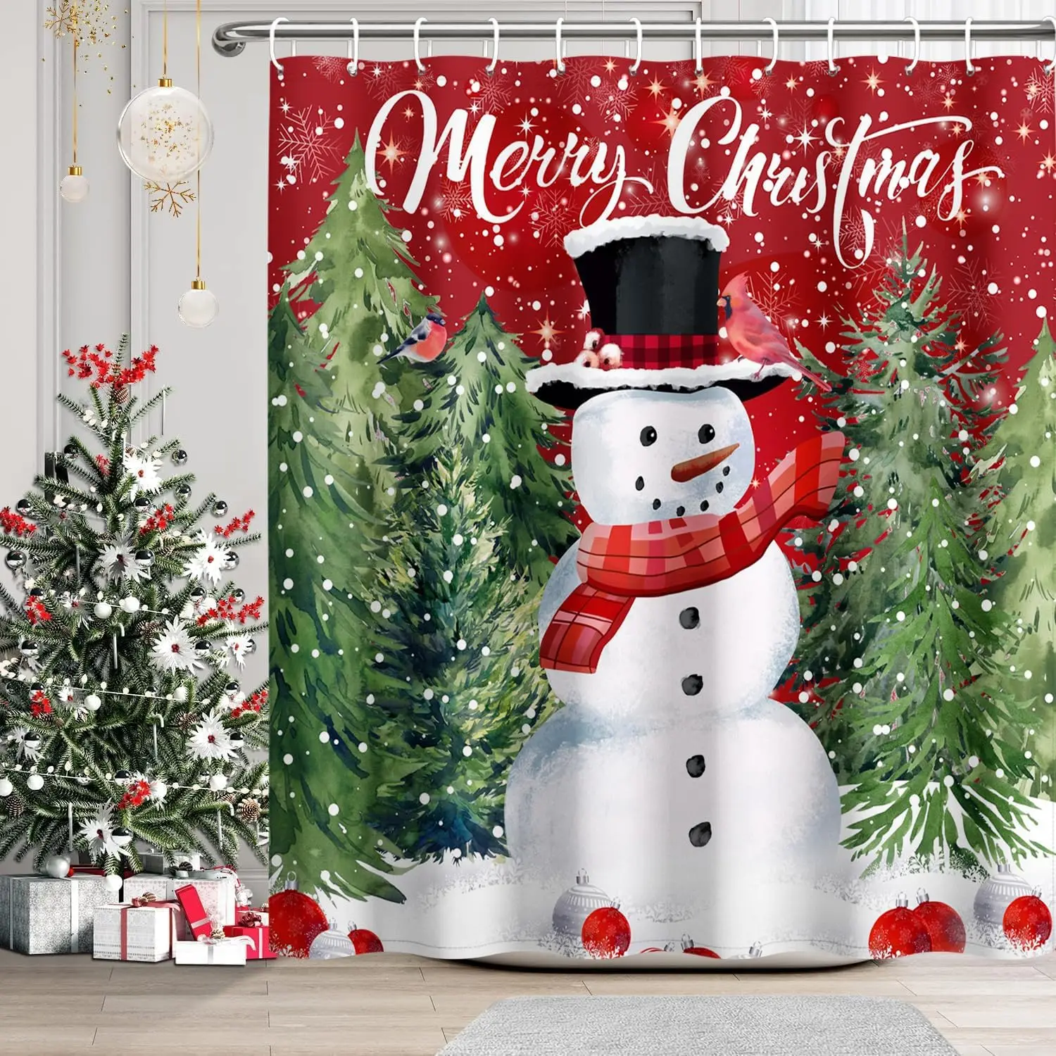 

Christmas Snowman Shower Curtain Winter Snow Shower Curtains for Bathroom Christmas Trees Bathroom Curtain Snowflake Pine Tree