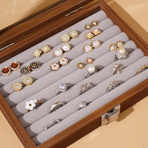 Smyckeskrin i valnötsfärg, förvaringslåda för ringar och halsband, örhängen, örhängen, armband, smyckeskrin, smyckeskrin i massivt trä 12 best sales valnötslåda - №1