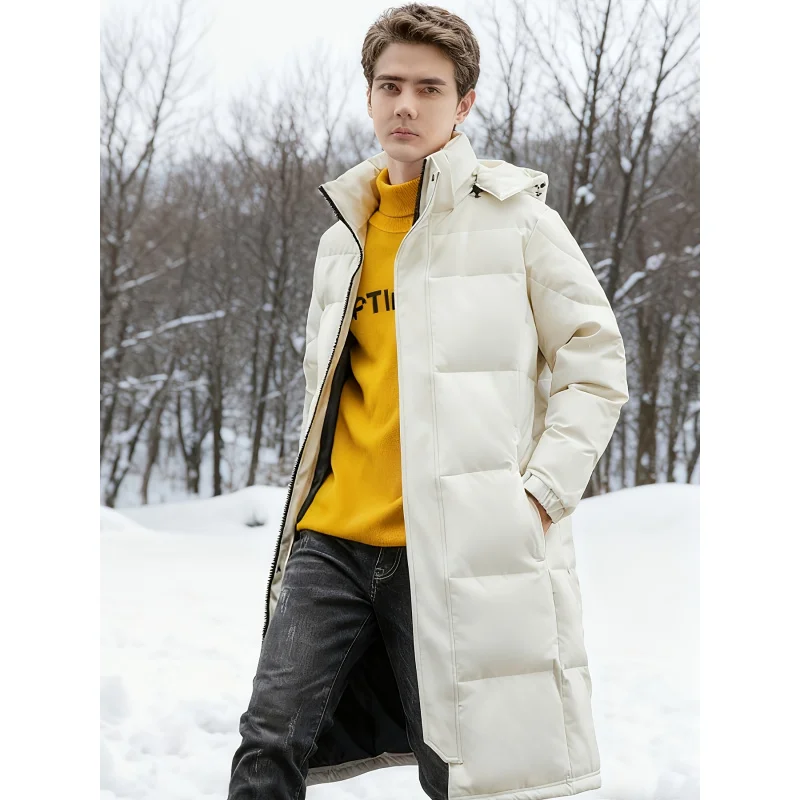 

Men's Winter Long Hooded Down Jacket，Over-the-knee length with full coverage for warmth retention，Christmas Party、Wearing it for