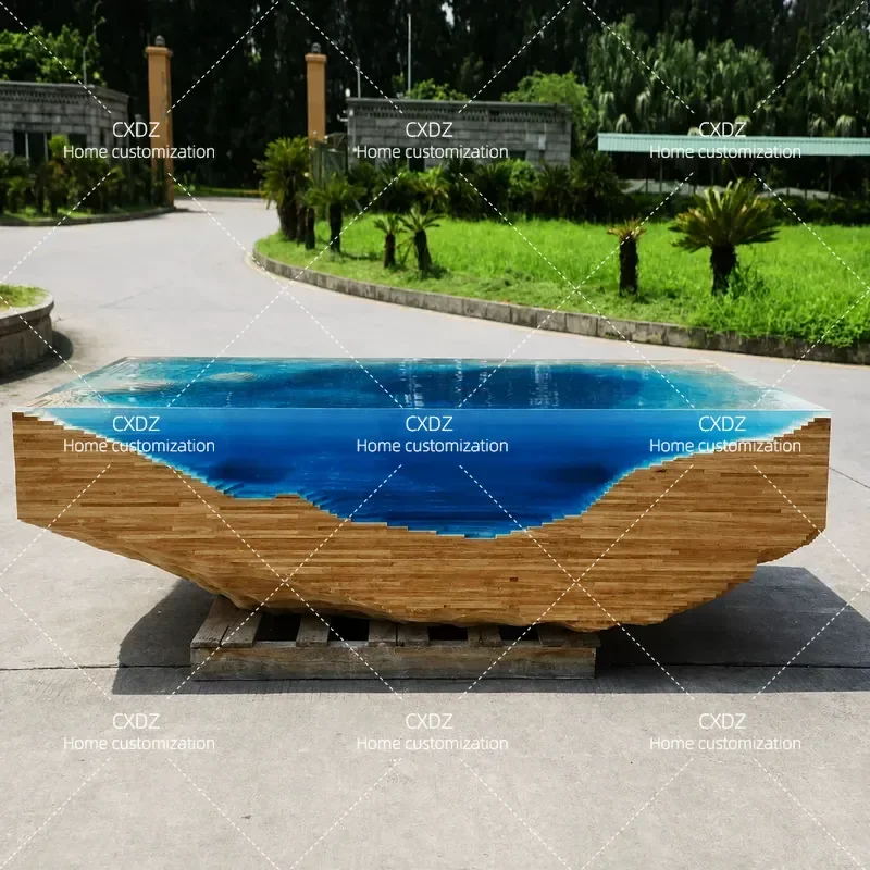 Wood Carving Deep Sea Coffee Table Light Luxury High End Art Special Shaped Rectangular Blue Ocean Transparent Resin Table