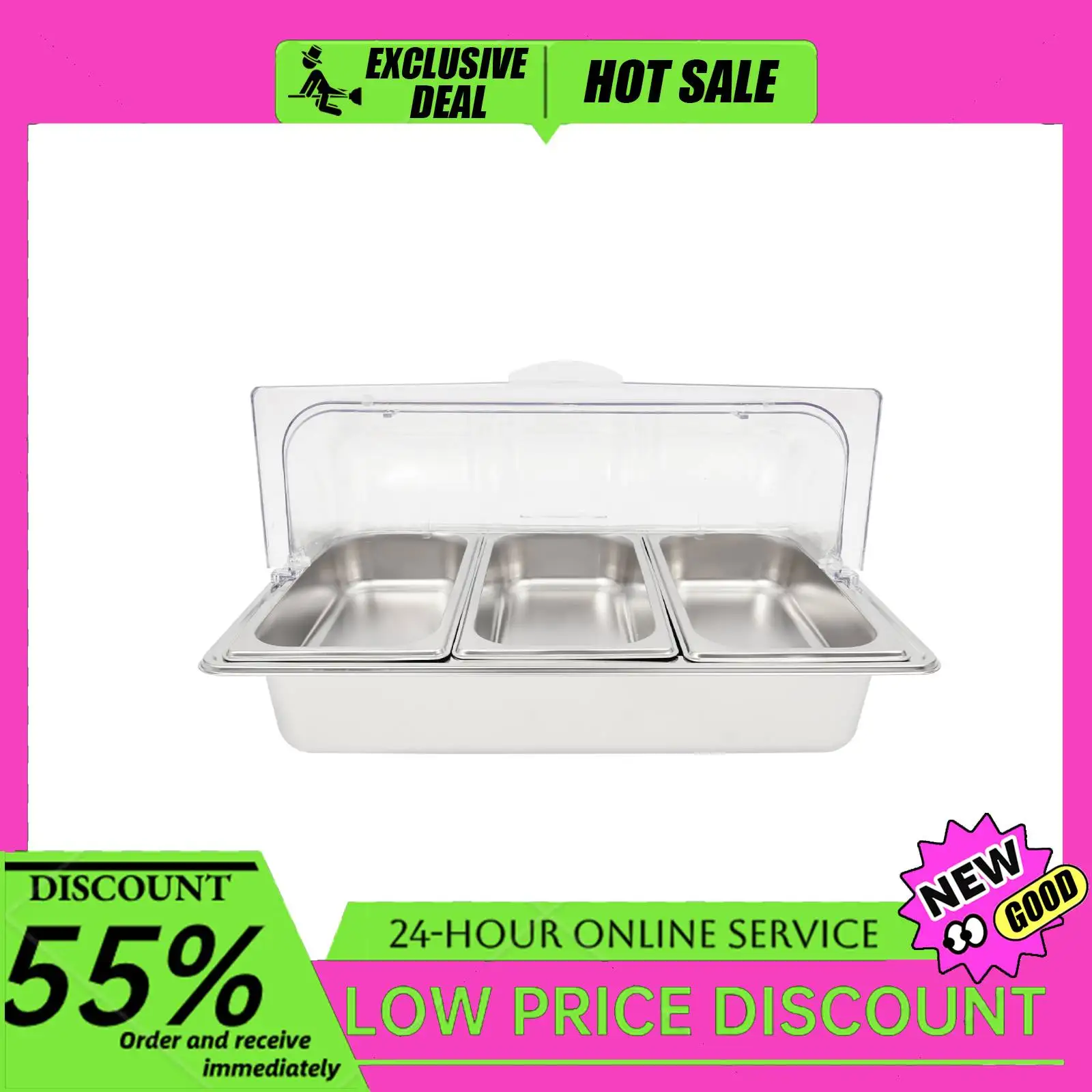 

Hotel Buffet/Wedding Cold Buffet Station 3-Compartment Stainless Steel Food Display Container Seafood Salad Freshness Container