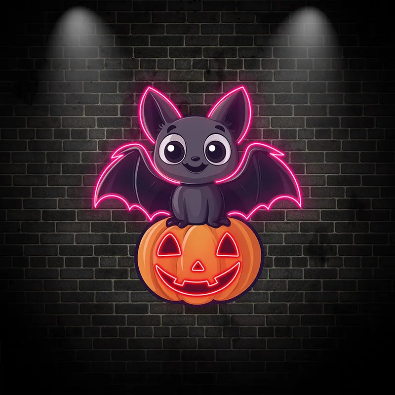 Adorable Bat & Pumpkin Halloween Neon Light, LED Party Decoration for Kids, Indoor Wall Decor, Spooky Atmosphere, Perfect Gift