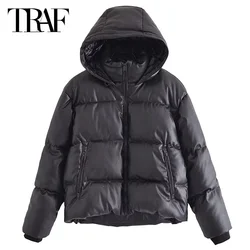 TRAF Women's Warm Winter Down Jacket Cropped Faux Leather Black Hooded Coat Autumn Short Padded Parkas New In Outerwears