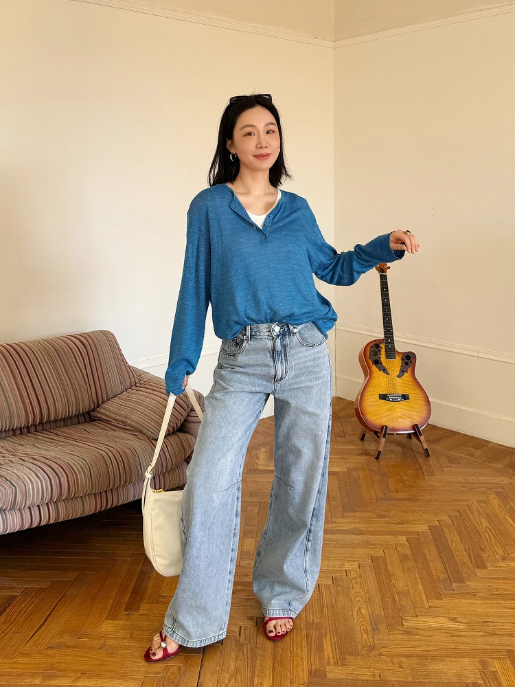 

Футболка Brand 7REREK, тонкая трикотажная, с круглым вырезом, простая, повседневная, свободного кроя, с длинным рукавом, однотонная, весенняя, модная, женская.