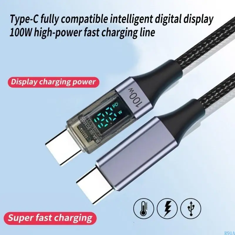 R91A USB C TO USB C 100W carregamento rápido 480Mbps Cord com exibição energia digital para laptops,