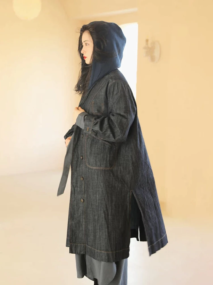 

SayFir Premium Detachable Denim Overcoat Multi-Wear Detailed Design Commute Artistic Sle Long Sve Mid-Length Straight-Cut