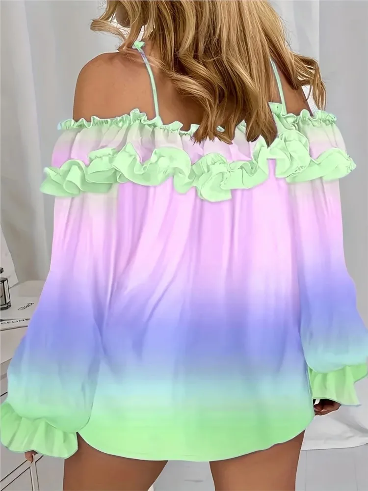 Fashion Off-shoulder Lace-Up Blouse Women Casual Loose Top Spring Autumn Long Sleeve Gradient Print Shirt Ruffles Vacation Style