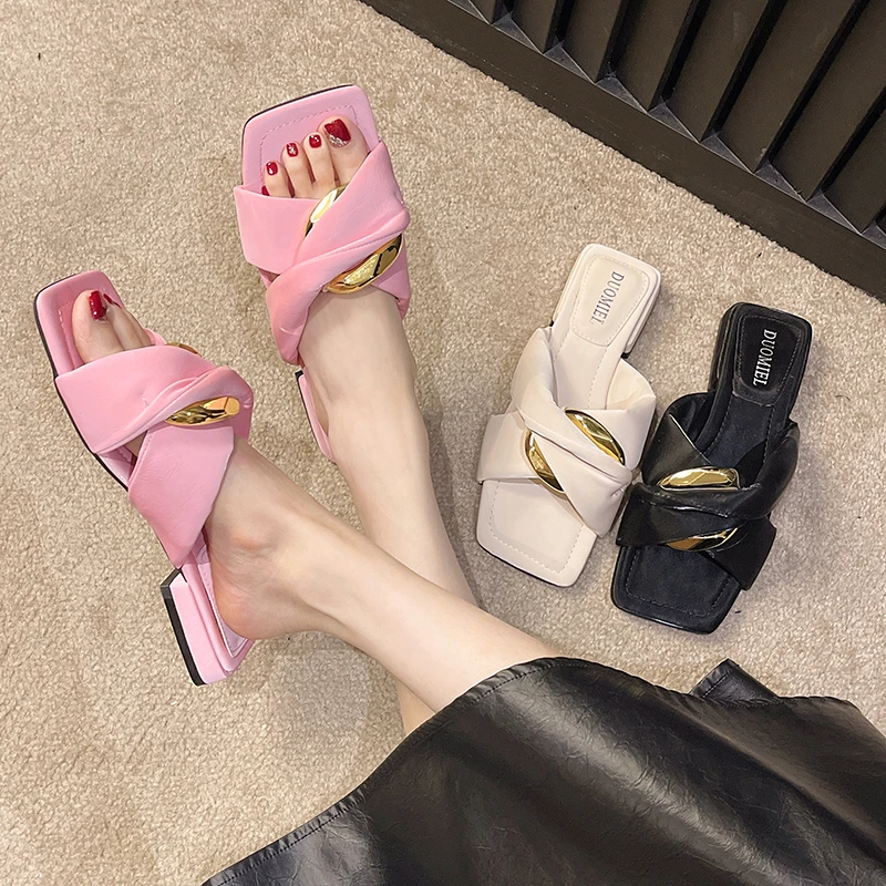 Women's Slippers Summer New Low Heel Square Head Geometric Open Toe Sandals Casual Fashion Soft Sole Sweet Slippers