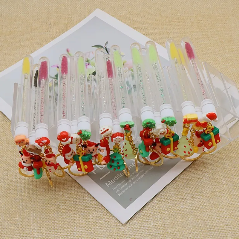 10 pçs bonito rímel varinha chaveiro lash escovas tubos presente de natal carretéis dos desenhos animados limpeza descartável escova de cílios varinhas