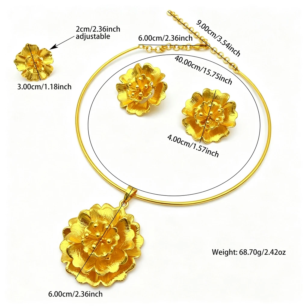 Brasilianisches 24k vergoldetes Halsketten- und Ohrring-Set für Frauen, Indisches Dubai Brautschmuck-Set, Hochzeitsgeschenk, Großhandel – Detail 5
