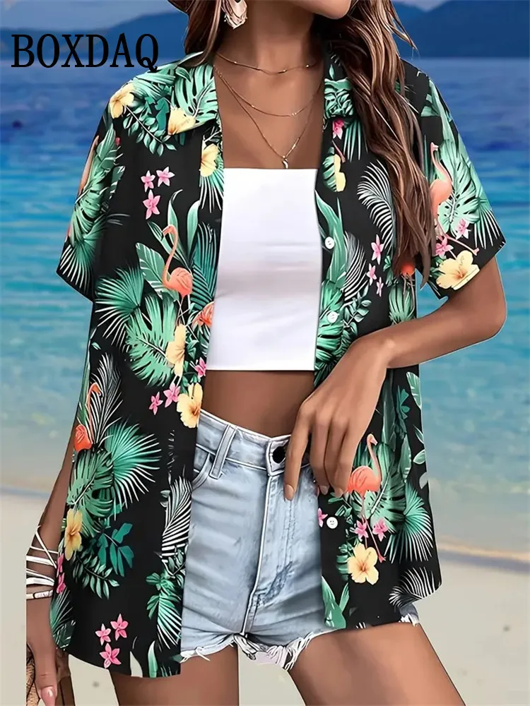 Blusa hawaiana de moda de verano para mujer, estampado de árbol de coco, solapa de manga corta, camisa informal con botones, Tops, camisa hawaiana de playa para mujer