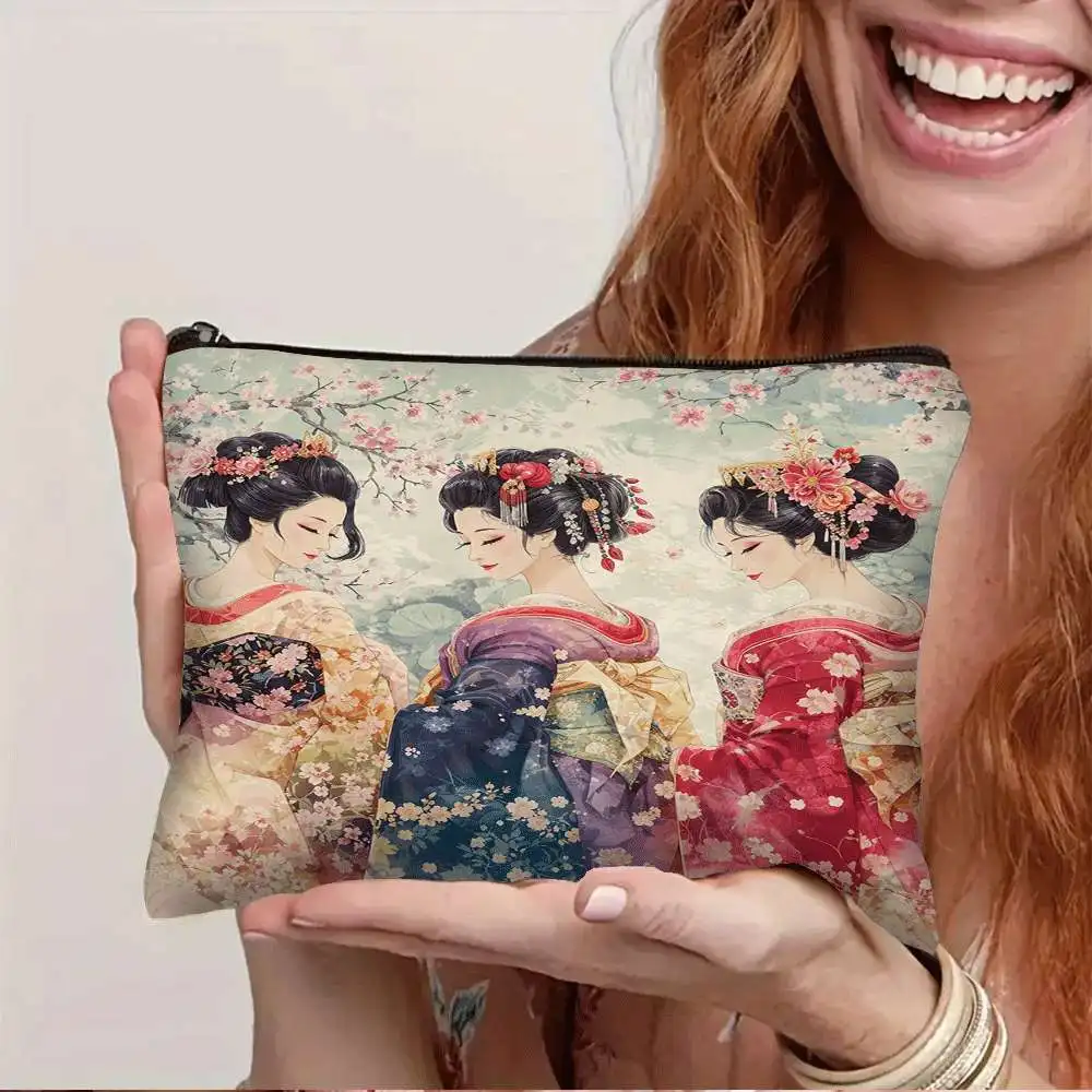 1pc Japanese Kimono Geisha Sakura Printed Washbag, Makeup Bag, Cosmetic Bag with Zipper, Lightweight Foldable Storage Bag