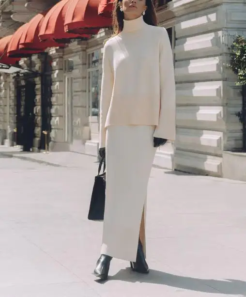 

Women's Skirt Set 2025 Knitted Sweater Set Autumn and Winter Casual and Unique New Style, Loose Fitting Sweater, Split Skirt Set