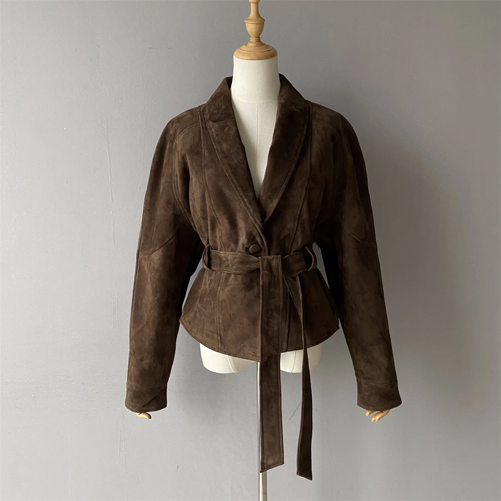 Jxwatcher Women's Real Suede Leather Coat 2025 Spring Autumn New Style Genuine Sheepskin Jacket Ladies Fashion Blazer with Belt