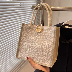 Linen Button Zipper Handbag Gift Packing Bag Flower Pattern Large Grocery Bag Women Beach Tote Portable Lunch Bag New Fashion