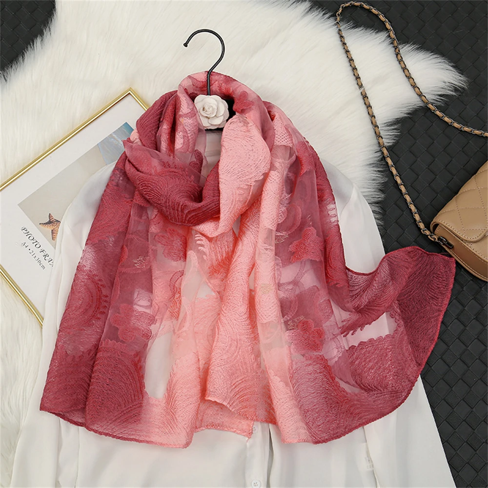 Women Organza Flower Scarf Scarves Embroidery Color Gradient Sunscreen Shawl Adult Long Lace Scarfs Spring Summer Scarf Shawls