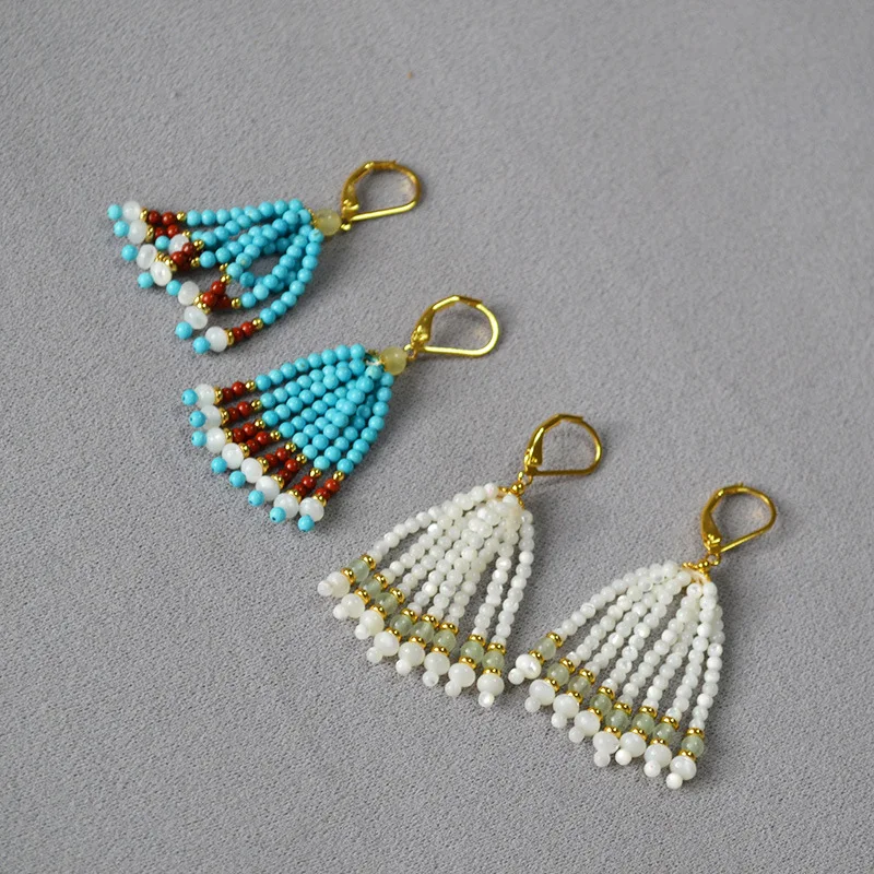 

Bohemia New National Trend New Chinese Style Niche Design Literary Retro Turquoise Shell Hand-made Beaded Tassel Hook Earrings
