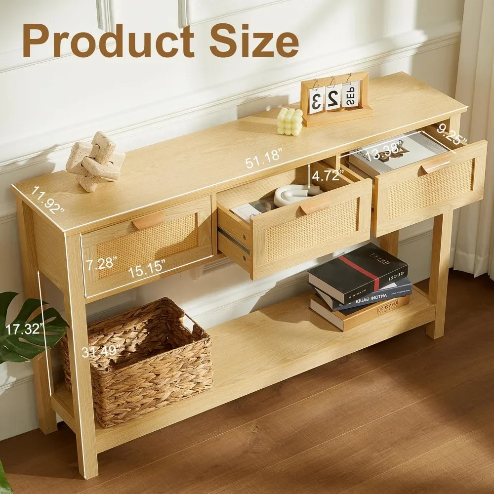 طاولة كونسول من الروطان مع 3 أدراج، طاولة مدخل بوهو مع مساحة تخزين، طاولة أريكة طويلة ضيقة مع رف مفتوح، بهو #2