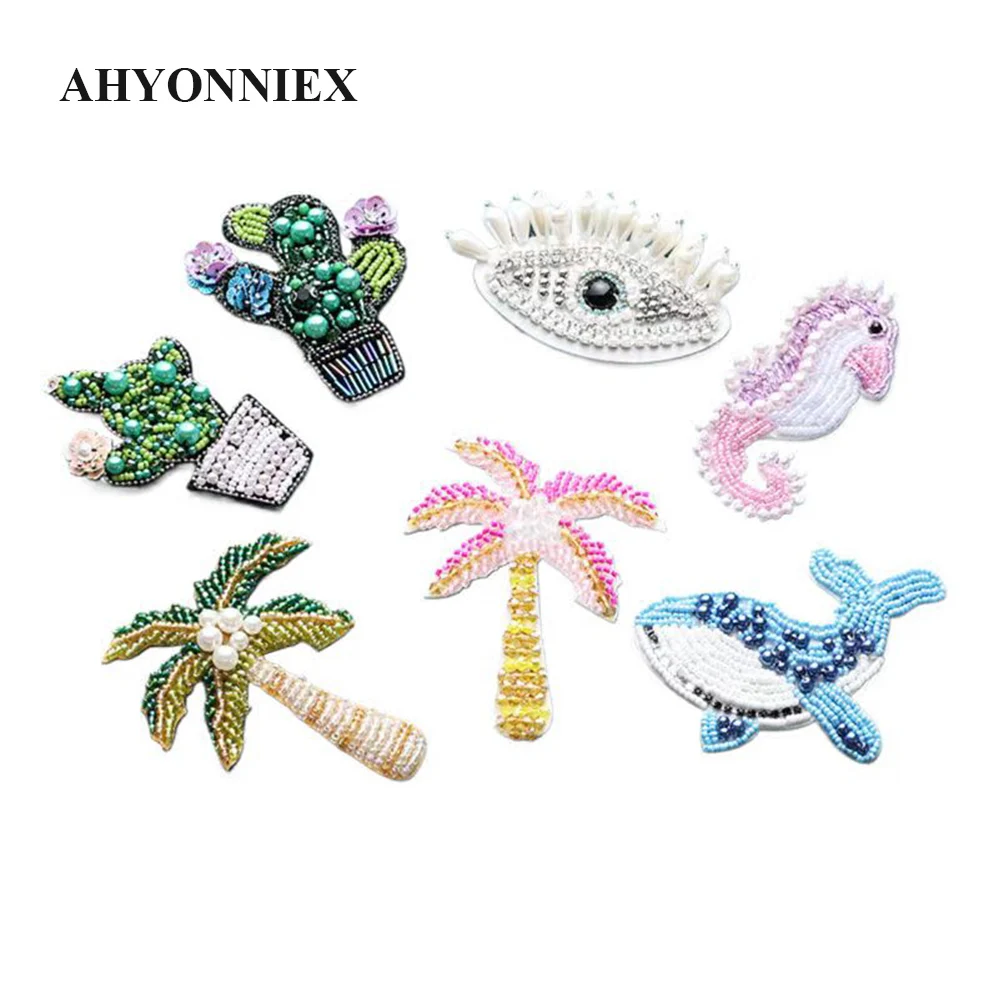 3D Cactus Eye Coconut Dolphin Patches for Clothing DIY Sew On Patches Beaded Applique Parches Bordados Para Clothing Decoration