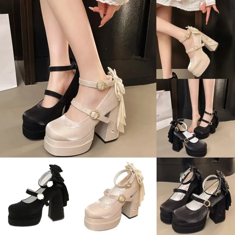 

Bow Y2K Cake Shoes Flower JK Lolita High Heels Women 8-12cm Fairy Cross Strap Thick Sole Waterproof Platform Coarse Single Shoes