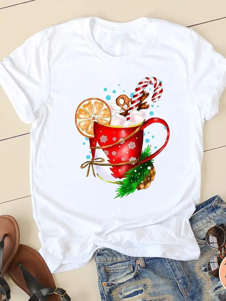 

Watercolor Style Cute Merry Christmas Fashion Print T-shirt New Year Women Clothes O-neck Graphic Lady Casual Female Shirt Tee