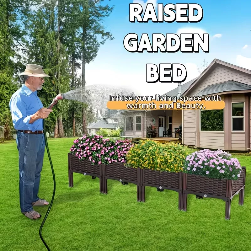 Elevated Raised Garden Bed with Legs Rattan Effect Plastic Planter Box with Drainage for Growing Vegetables Tomatoes Flowers Herbs Indoor Outdoor Patio view 5