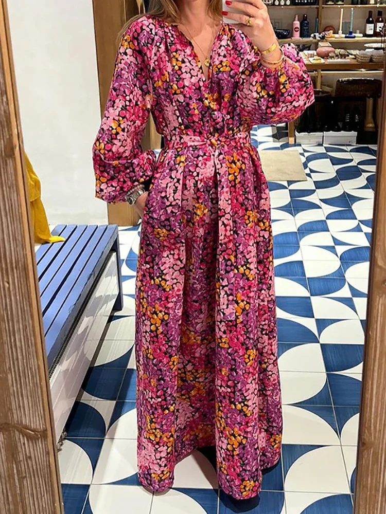 

2024 V Neck Printed Patchwork Holiday Dress, Women Spring Summer Simple Lantern Sleeve Maxi Dress, Casual Loose Fit Ladies Dress