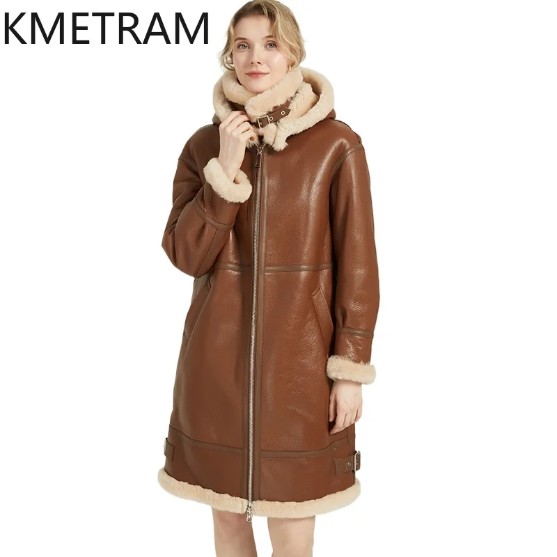 KMETRAM 천연 메리노 통합 양가죽 코트 여성용 럭셔리 롱 리얼 퍼 재킷 여성 의류 2025 겨울 외투