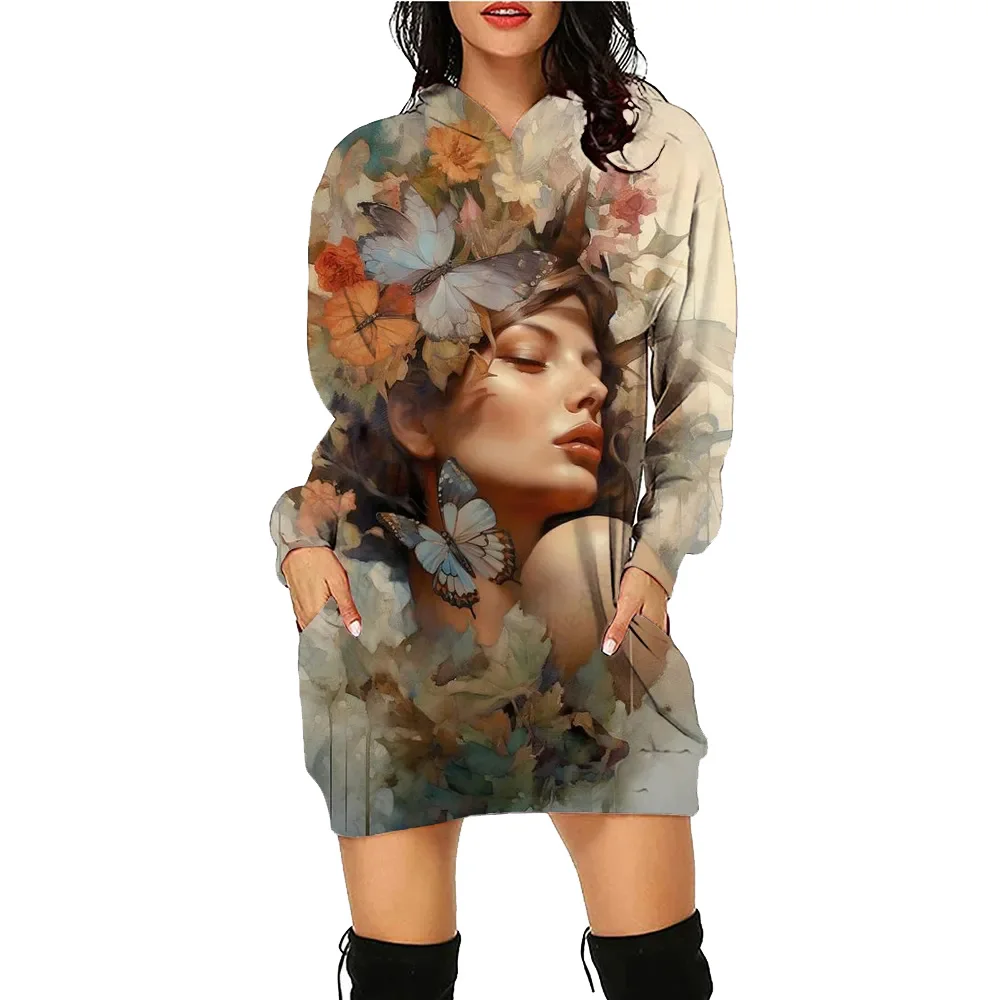 Floral Butterfly Printed Hoodie Dress Women's Face Daily Workout Hoodies Long Sleeve Pullover Autumn Winter Loose Tee Vestido