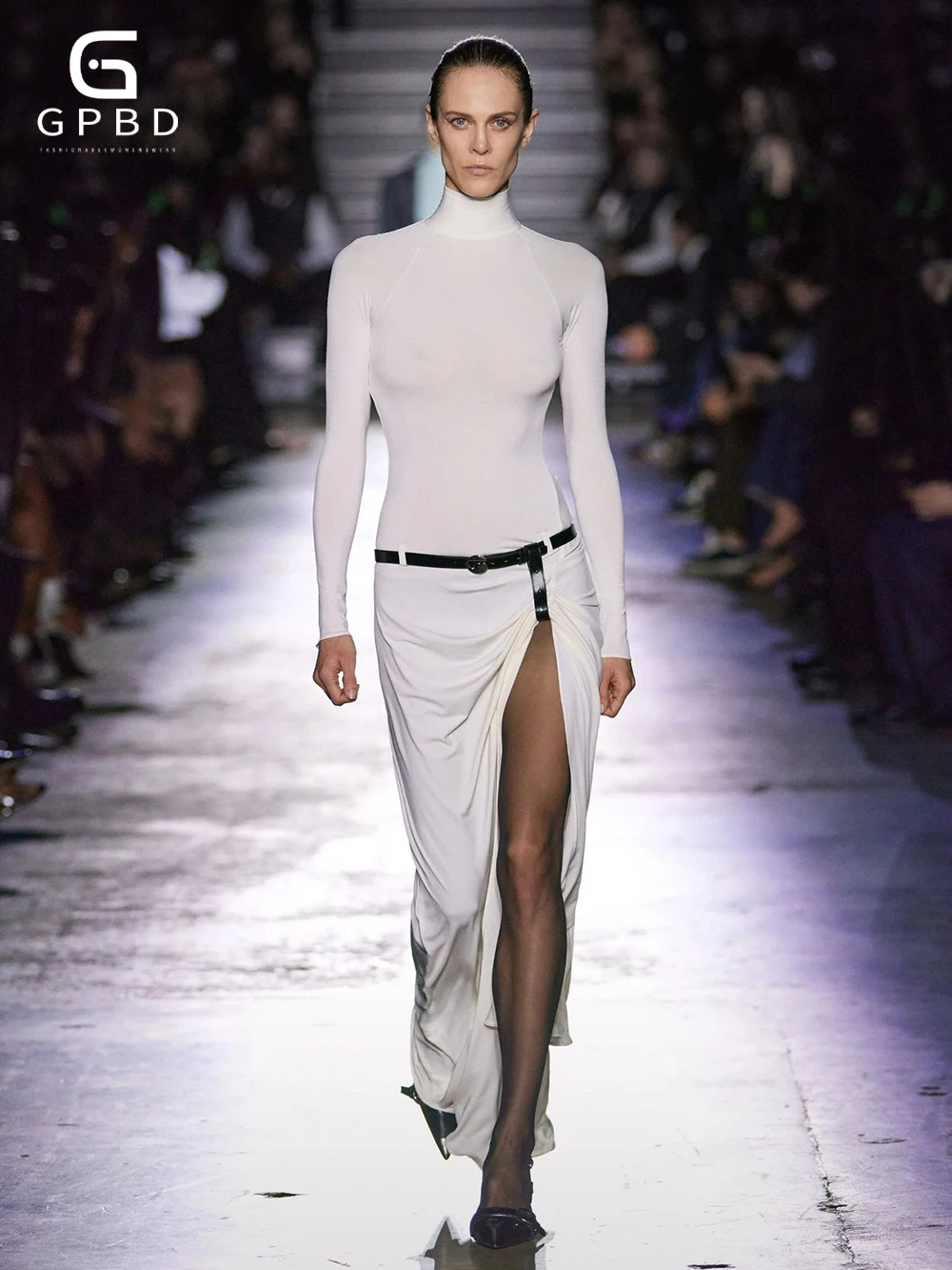 2025 جديد الأبيض الياقة المدورة كم طويل انقسام حزام الخصر تصميم مطاطا التخسيس فستان طويل ملابس عصرية نسائية #2