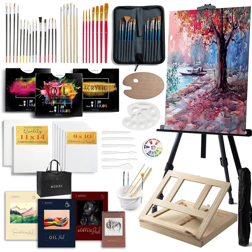 

Deluxe Artist Painting Set, 141-Piece Professional Art Paint Supplies Kit w/Aluminum Field & Wood Table Easel for Adults, Acryli