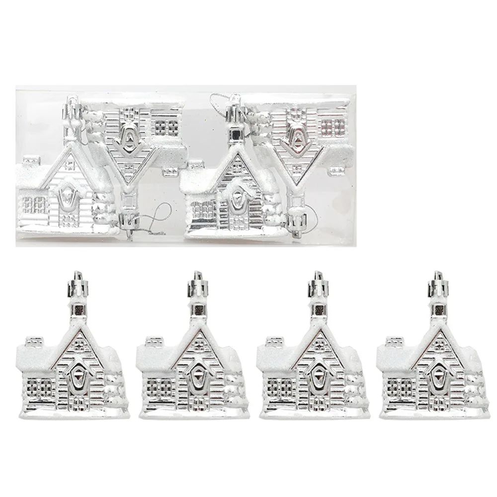 

4pcs Cartoon Christmas Painted Snow House Pendant Plastic Elegant Electroplated Hanging Balls DIY Xmas Tree Pendants