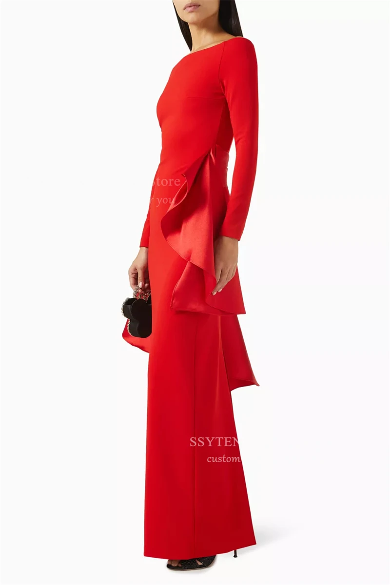 SSYTENS Elegant Red Prom Dresses O Neck Long Sleeves Mermaid Evening Dresses Satin Formal Occasions Party Gowns Dubai Customized