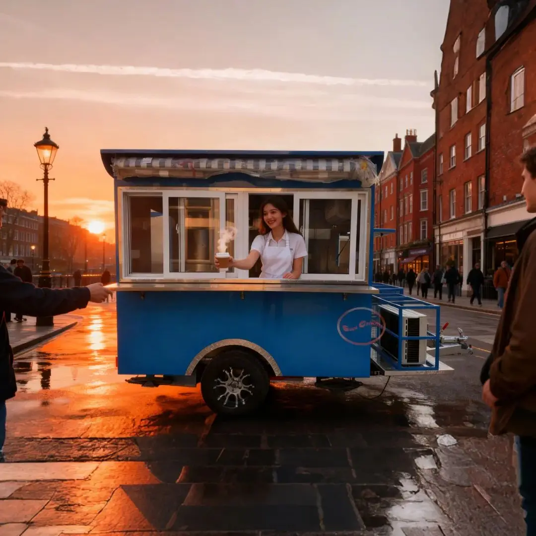 

Bright Blue Outdoor Food Trailer with Large Sales Window And Deployable Awning for Street Food Catering