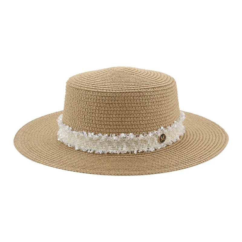 

Women Summer Hat Hats for Women Beach Hat Flat Top Solid Khaki White Black Band Luxury Straw Sun Hat Elegant Beach шляпа женская