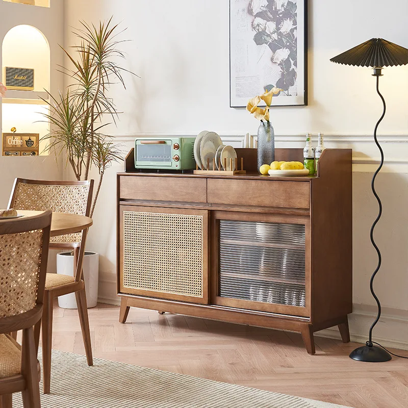 Japanese-style solid wood rattan sideboard, ash wood wabi-sabi sideboard, household entrance, simple double-door storage cabinet