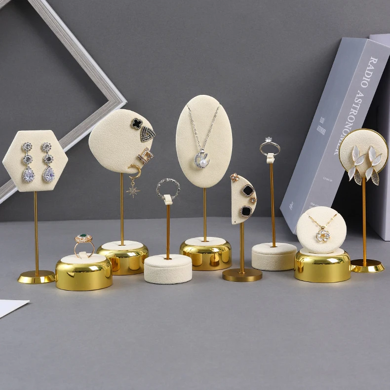 Beige Jewelry Display Props with Metal Base Earring Necklace Organizer Holder Jewelry Counter Earrings Rings Display Stand